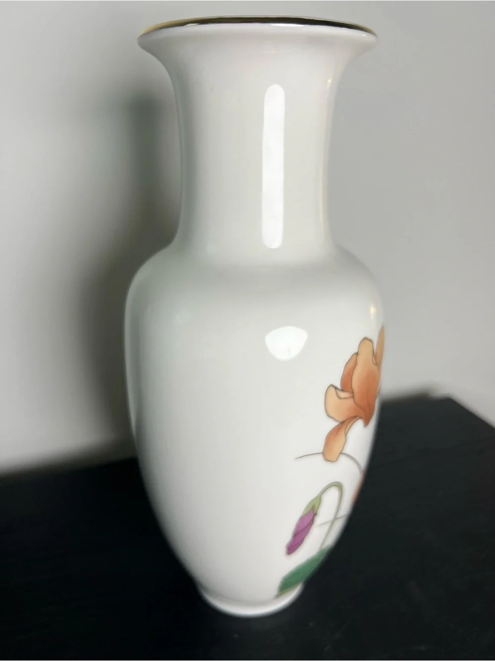 Vintage Japanese Porcelain White Vase with Peach & Purple Cylcamen Floral Design